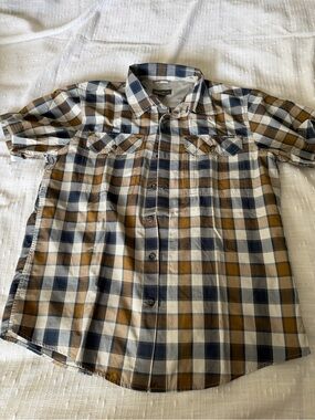 Eddie Bauer Short-Sleeve Plaid Button-Down in Navy, Tan & White
